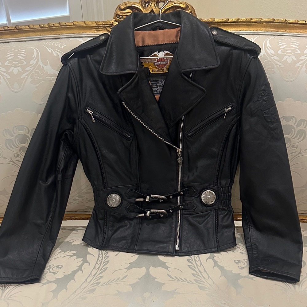Genuine, leather, Harley Davidson, black motorcycle jacket, size medium